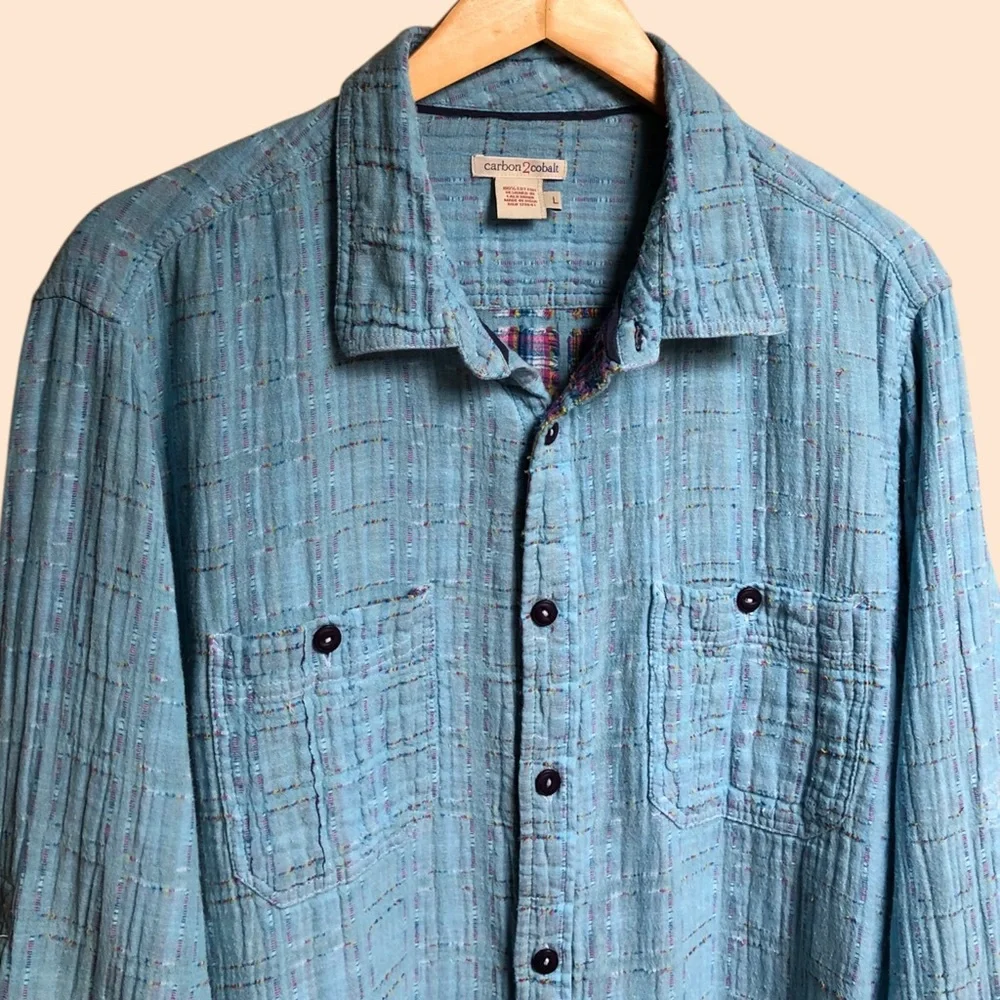 Carbon2Cobalt Blue Patchwork Stitched Boho Button Down Shirt Color Womens Large - Picture 2 of 13